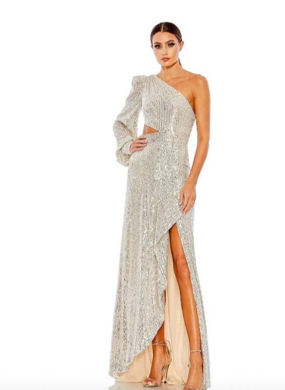 Ieena Mac Duggal Womens 10 Silver Sequin One Shoulder Cutout Formal Gown NWT